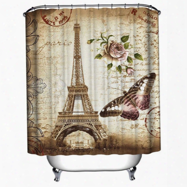 Wholesale- Eiffel Tower & Butterfly & Flower & Postmark Shower Curtain Bathroom Waterprpof Mildewproof Polyester Fabric 12 Hooks 71 Inch