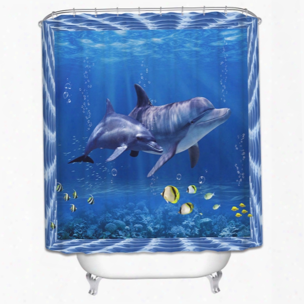 Wholesale- High Quality 3d Dolphin Seascape Bathroom Curtains Digital Printed Shower Curtain Polyester Mildew Waterproof Blue Decor