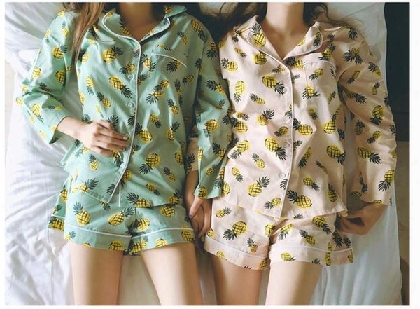 Wholesale- New 2017 Pajama Sets Women Pineapple Print 3 Pieces Set Long Sleeve Top + Shorts Elastic Waist + Blinder Loose S61201