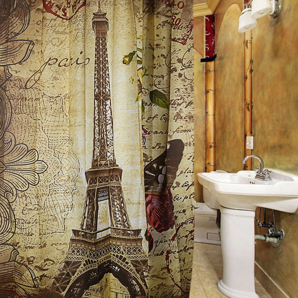 Wholesale- Paris Eiffel Tower Waterproof Polyester Bath Shower Curtain Retro Vintage Brown Butterfly Design Pattern Through  12 Plastic Buckles