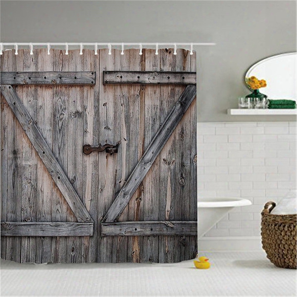 Wholesale- Polyester Shower Curta In Old Bronze Wooden Garage Door Vintage Rustic Shower Curtain American Country Style Bathroom Decor Art