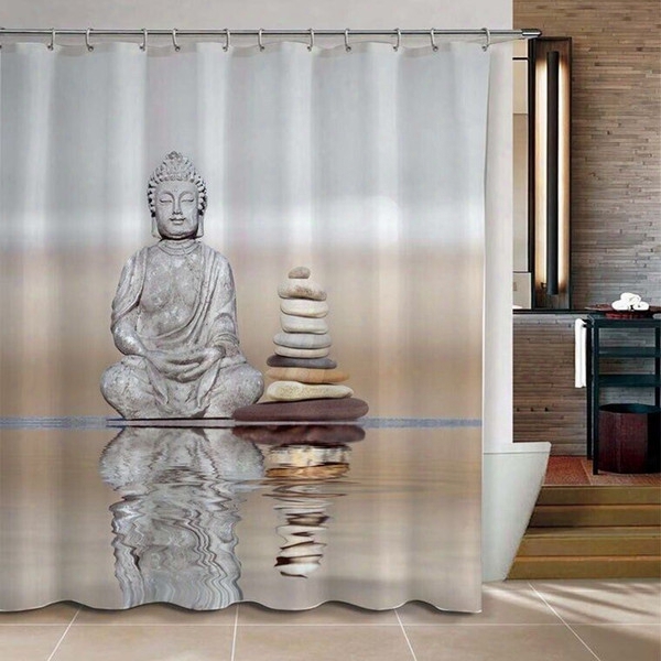 Wholesale- Shower Curtain Buddha & Pebble Reflection Design Bathroom Waterproof Mildewproof Polyester Fabric With 72 Inch +12 Hooks
