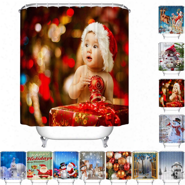 Wholesale- Shower Curtains Christmas Waterproof Polyester Bathroom Shower Curtain Decor With Hooks New U61017