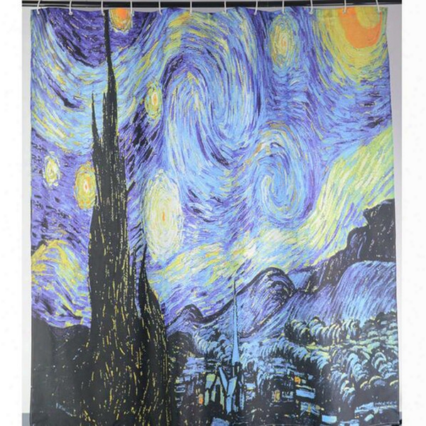 Wholesale- Van Gogh The Starry Night Printed Star Sky Shower Curtains Waterproof Polyester Fabric Bathroom Curtain With 12 Hooks 180x180cm