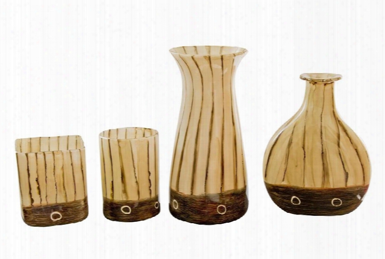 Ag-1003 Handmade Blown Glass Set Of 4 Vases With White Brown Shades