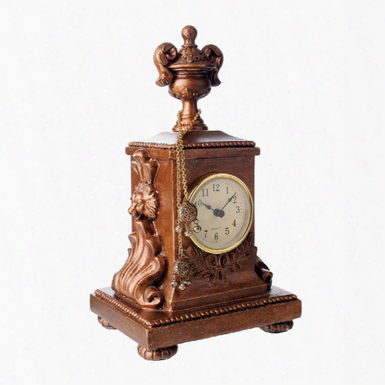 Barcelona Collection 91-1548 10" Mantle Display Clock With Ornate Details Carved Lion's Head Filigree Dangling Ball Chain Tassel And Composite Materials In