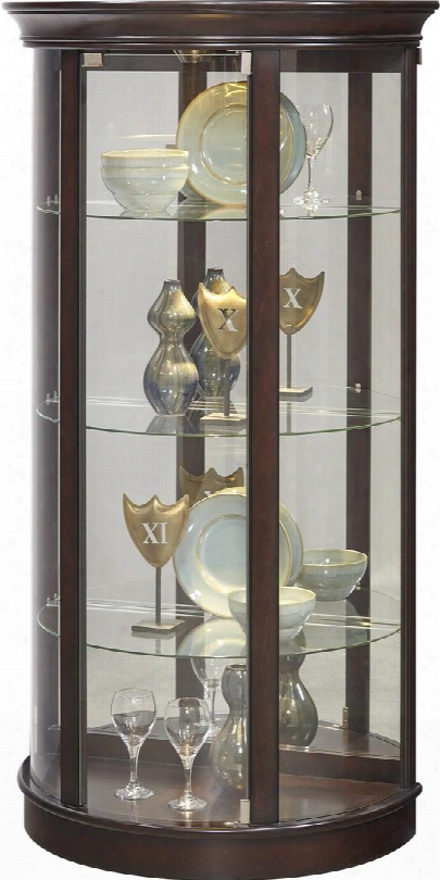 P021564 60" Sable Half Round Mirrored Mantle Curio With Three Adjustable Glass Shelves One Led Light With 3-way Handle Dimmer Switch Molding Detail In
