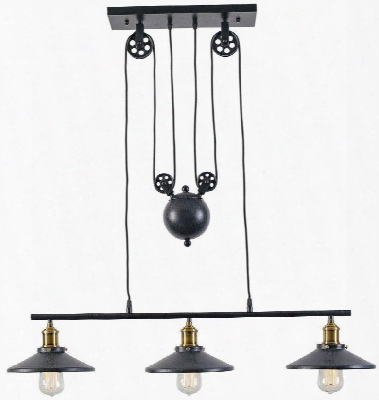 Rawley Collection Ls-c123 35.5" 3-light Pulley Island Pendant Lamp With Black Fabric Cord Mirrored Glass Canopy Shades And Iron Construction In Black