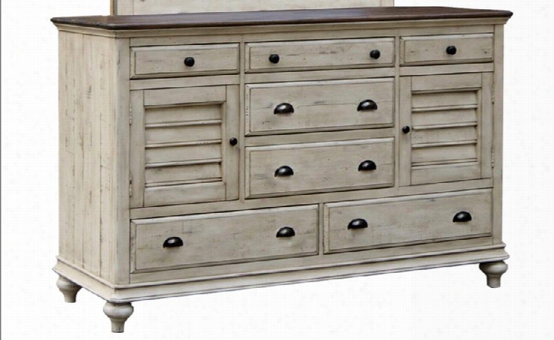 Shades Of Sand Collection Cf-2330-0490 65" Dresser With 7 Drawers 2 Cabinets Planked Side Panels Steel Cup Handles And Pull Knobs In Antique White And