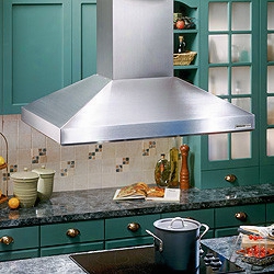 Broan Elite 63000 Series 63000 40 Inch Provisa Island Chimney Hood With Internal Or External Blower, Concealed Three-speed Control, Heat Sentry, Four Halogen Lamps And Dishwasher-safe Stainless Steel Grease Filter