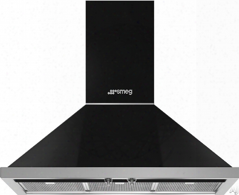 Smeg Portofino Kpf36ubl 36 Inch Wall Mount Chimney Hood With Control Knobs, Led Lights, 3 Speeds, Stainless Steel Filters And 600 Cfm: Black