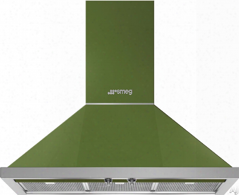 Smeg Portofino Kpf36uog 36 Inch Wall Mount Chimney Hood With Control Knobs, Led Lights, 3 Speeds, Stainless Steel Filters And 600 Cfm: Olive Green