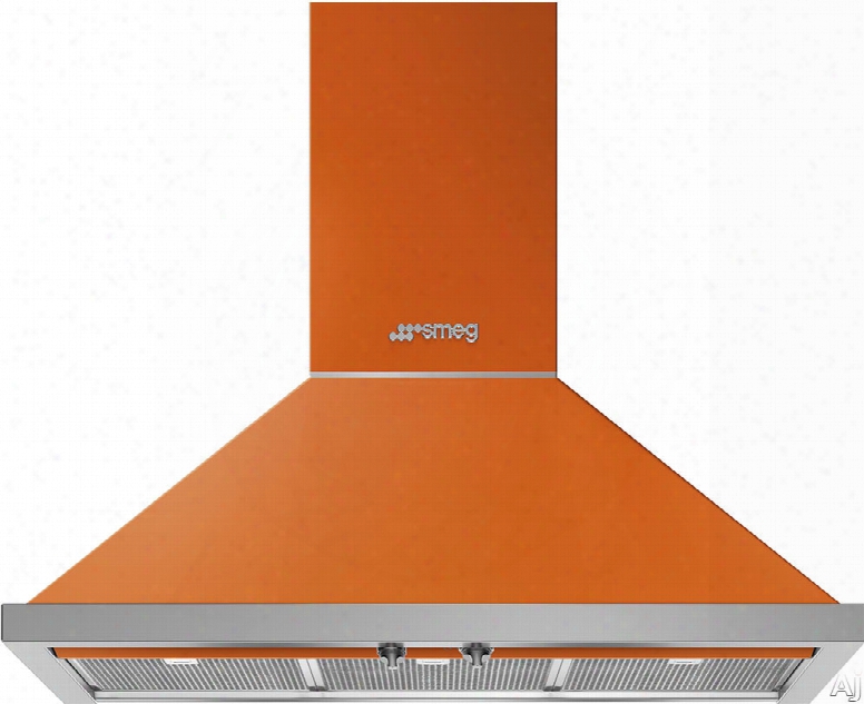 Smeg Portofino Kpf36uor 36 Inch Wall Mount Chimney Hood With Control Knobs, Led Lights, 3 Speeds, Stainless Steel Filters And 600 Cfm: Orange