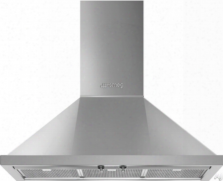 Smeg Portofino Kpf36ux 36 Inch Wall Mount Chimney Hood With Control Knobs, Led Lights, 3 Speeds, Stainless Steel Filters And 600 Cfm: Stainless Steel