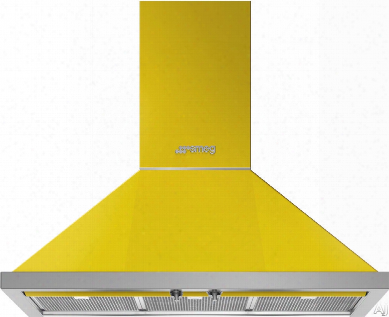 Smeg Portofino Kpf36uyw 36 Inch Wall Mount Chimney Hood With Ascendency Knobs, Led Lights, 3 Speeds, Stainless Steel Filterrs And 600 Cfm: Yellow