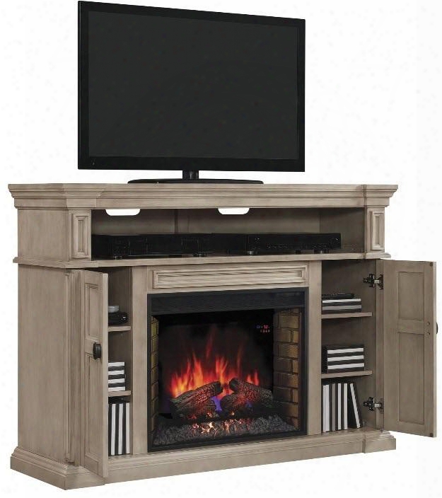 28mm4684-t477 Wyatt Infrared Electric Fireplace Media Console With Tiered Molding Mantel Top Adjustable Wood Shelves And Side Storage Cabinets In Soft White