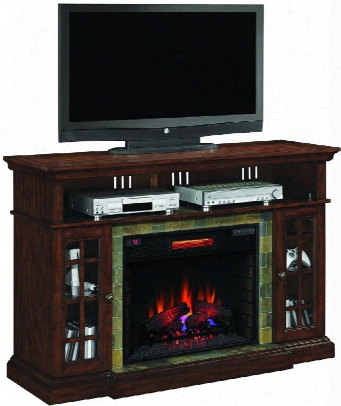 28mm6307-c270 Lakeland Media Console Fireplace Through  Tierred Molding Mantel Top Adjstable Wood Shelves And Integrated Wire Management In Roasted