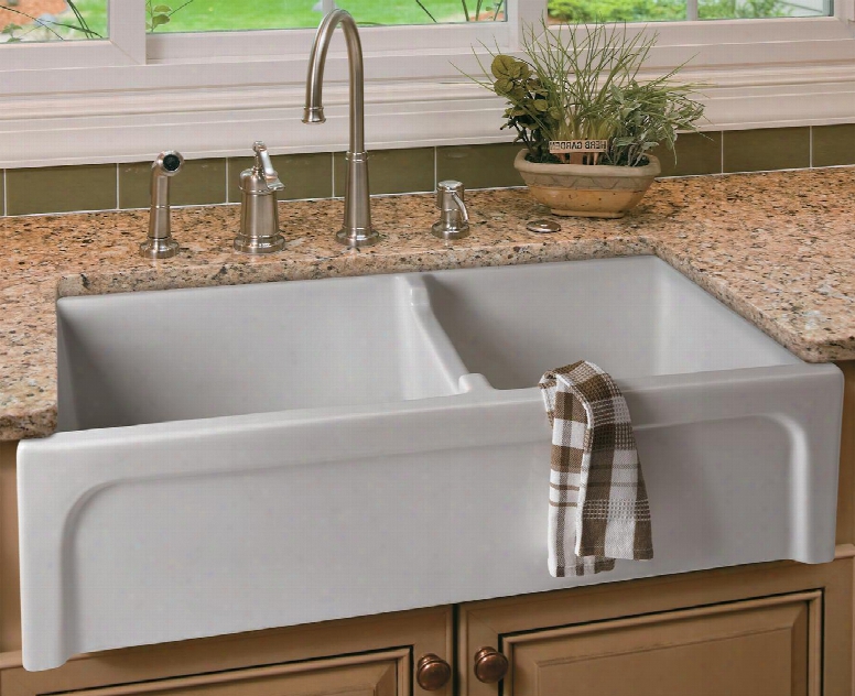 Ab3618arch-w 36" Thick Wall Double Bowl Farm Sink With Fireclay Standard 3 1/2" Center Drain And An Elegantlyd Esigned Arch On Front Of The Apron In