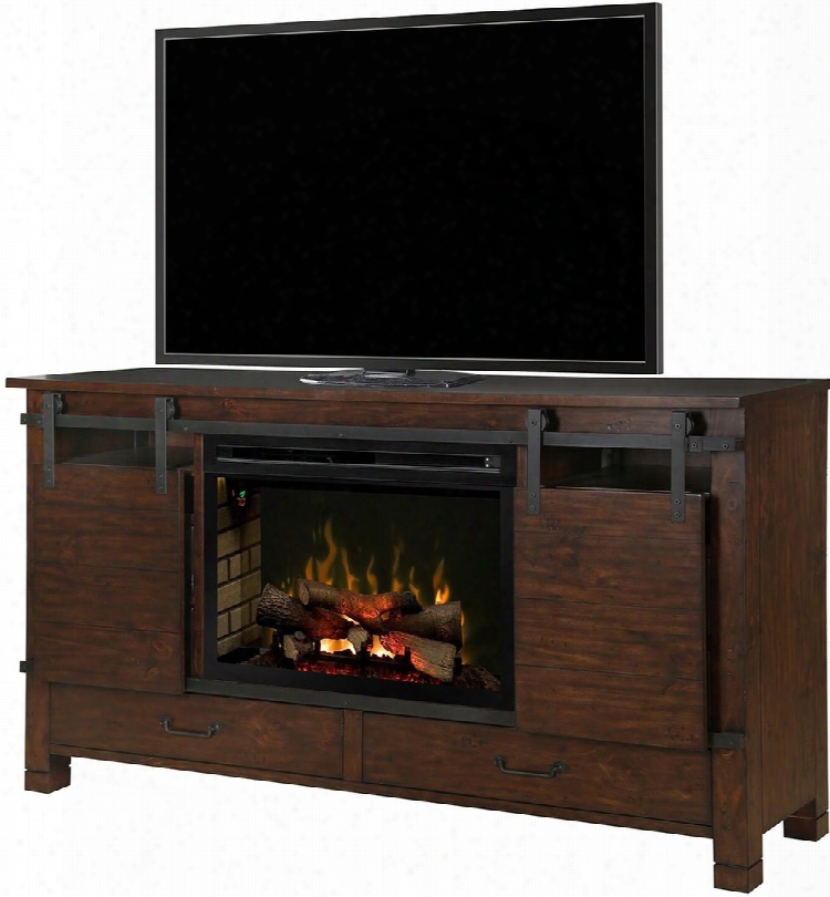 Austin Collection Gds33gd-1670hb 77" Media Console With 33" Pf3033hg Firebox With Acrylic Ice Ember Bed Hanging Barn Doors 2 Bottom Drawers And Electric