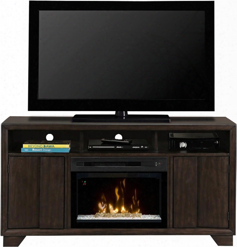 Bayne Collection Gds25gd-1411byg 60" Contemporary Media Console Compplete With 25" Electric Firebox With Glass Ember Bed 2 Side Cabinets  And Cord Management In