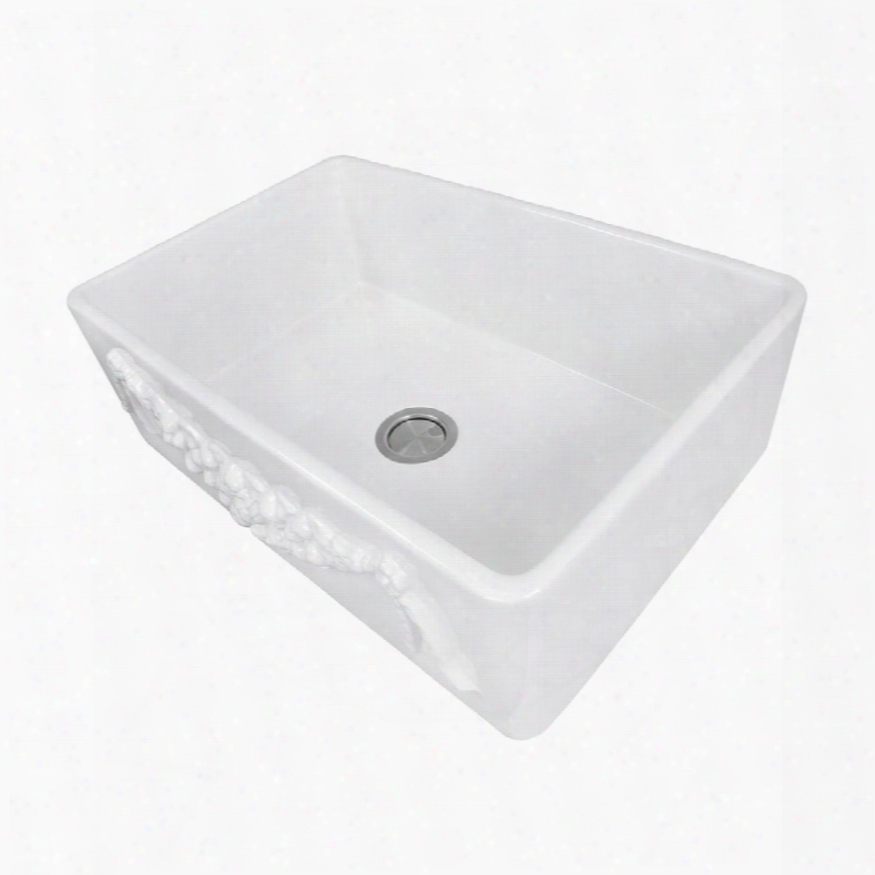 Cape Collection Garland-30w N 30" Italian Farmhouse Fireclay Sink With Garland Relief Design In Porcelain Enamel Glaze