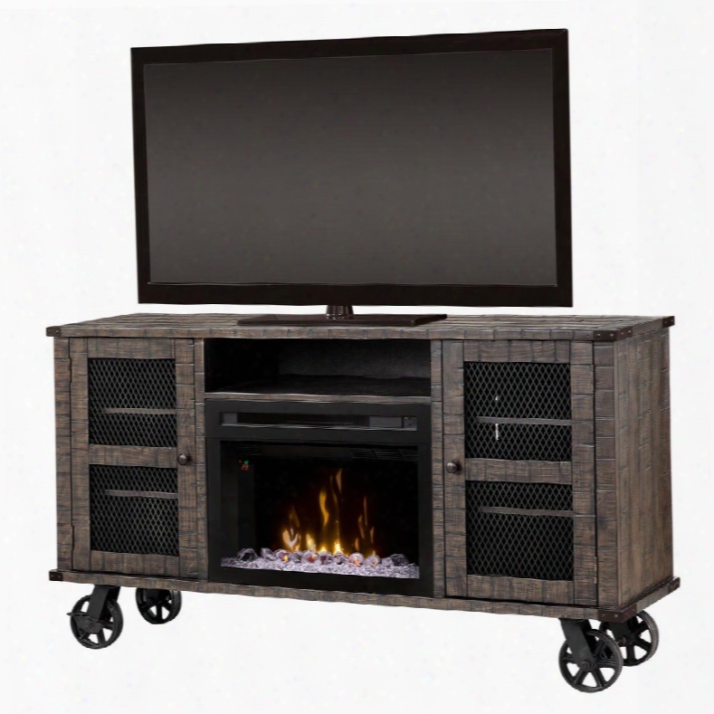 Duncan Collection Gds25gd-1856ph 66" Media Console With Diamond Mesh Doors Factory Cart Metal Locking Casters And 25" Electric Firebox With Acrylic Ice In