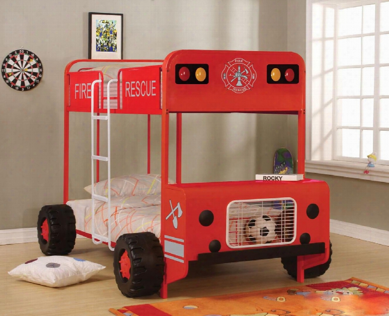 Jackson Collection 37580 Twin Over Twin Size Bunk Bed With 4 Wheels Fire Truck Desiign Reversible Ladder And Metal Frame In Red And Black