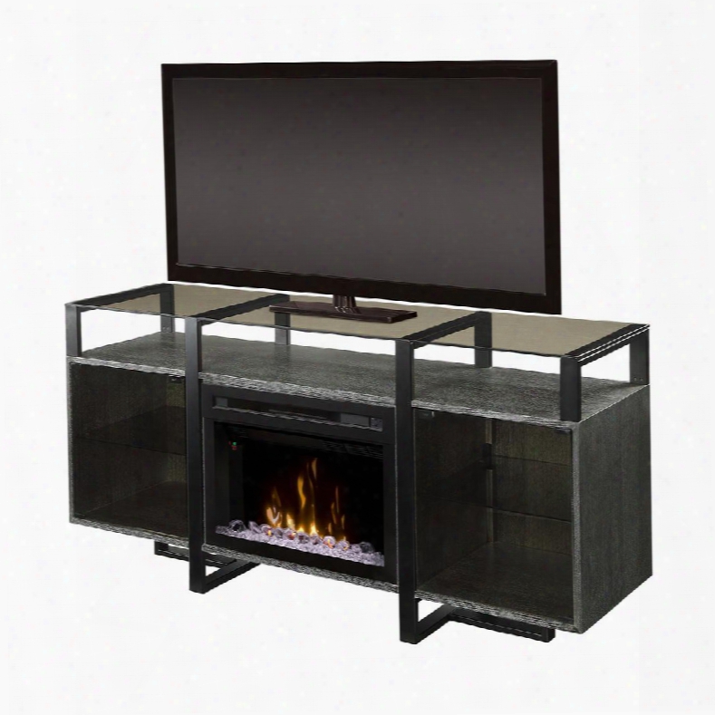 Milo Collection Gds25gd-1831rc 68" Media Console With Smoked Glass Top And Doors Adjustable Glass Shelves And 25" Electric Firebox With Acrylic Ice In Rift