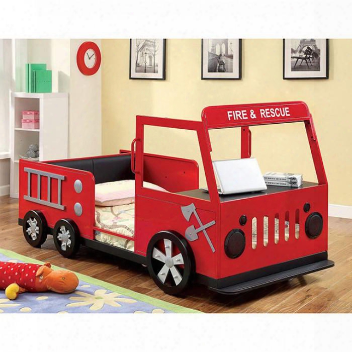 Rescuer Collection Cm7767-bed Twin Size Bed With Fire Truck Design Rear Storage Compartment Front Hood Table And Leatherette Headboard Upholstery In Red And