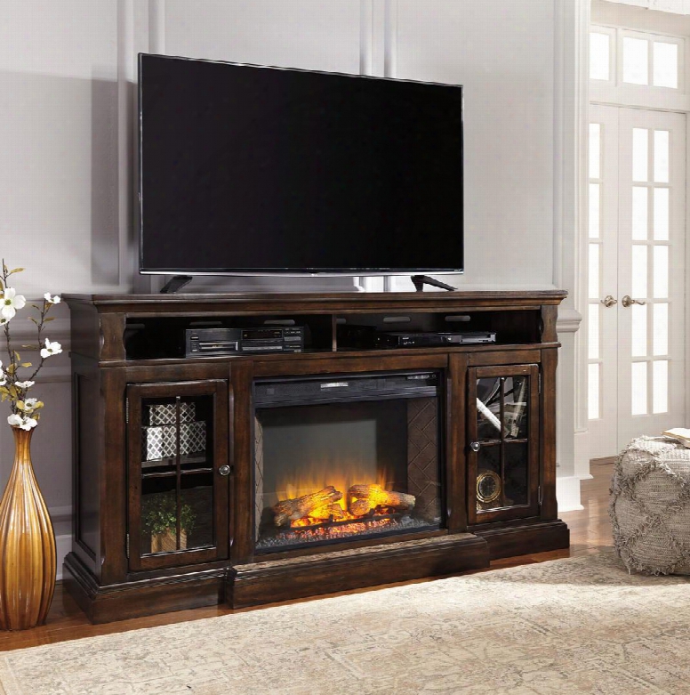 Roddinton W701set 74" Wide Extra Large Tv Stand With W100-21 Lg Infrared Fireplace Insert In Dark Brown