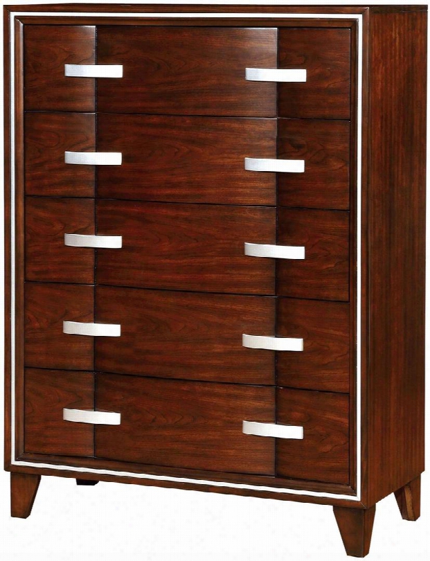 Safire Collection Cm7616c 40" Chest With 5 Drawers Curved Wood Panels Silver Hardware Tapered Legs Solid Wood And Wood Veneers Construction In Brown Cherry