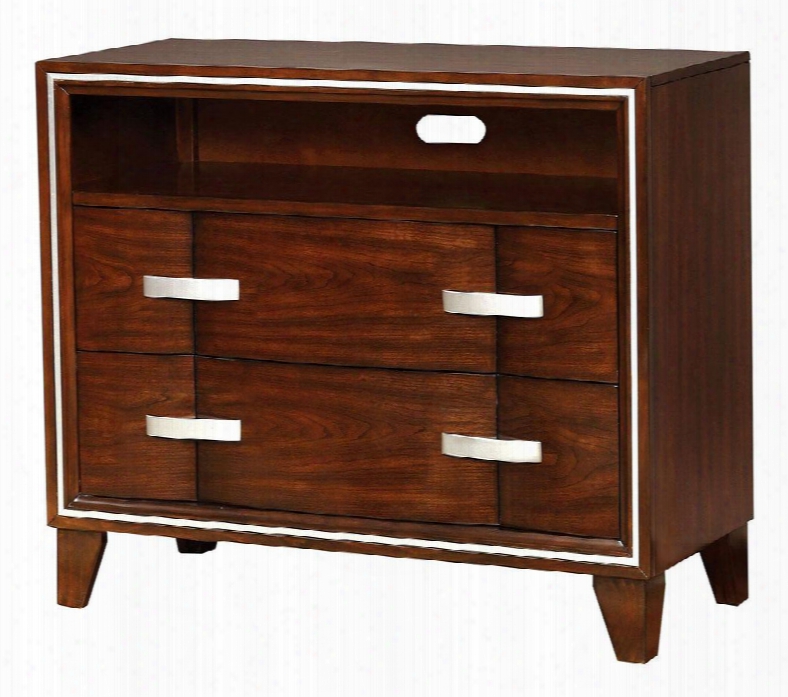 Safire Collection Cm7616tv 40" Media Chest With 2 Drawers Curved Wood Panels Silver Hardware Tapered Legs Solid Wood And Wood Veneers Construction In Brown