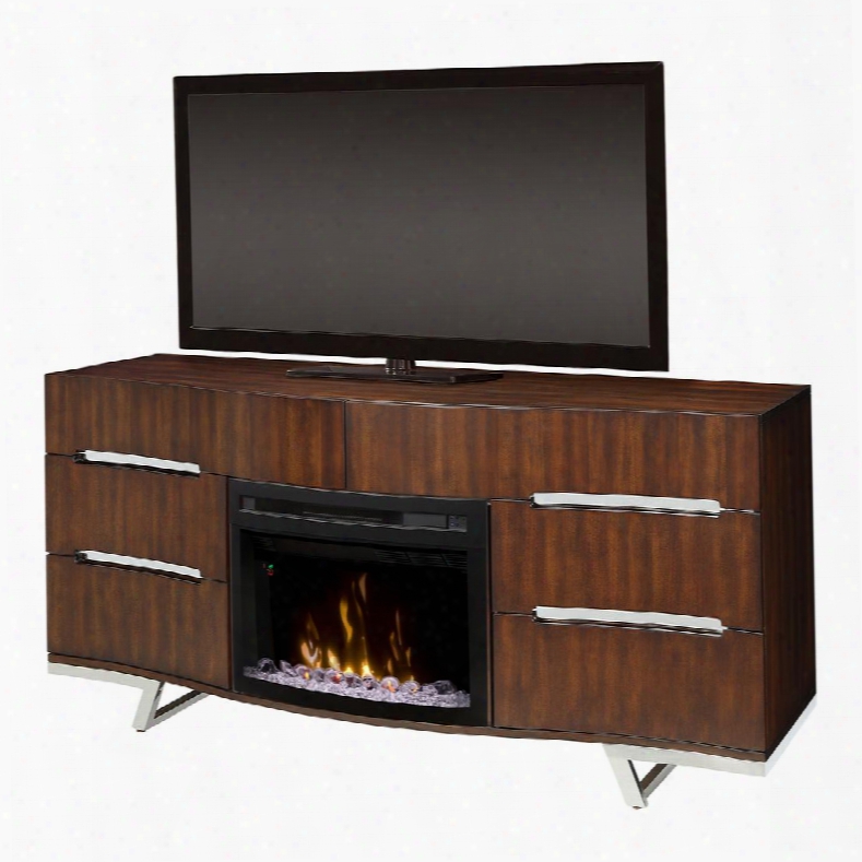 Valentina Collection Gds25cd-1826bc 72" Media Console With 25" Curved Glass Firebox Six Sliding Drawers And Chrome Legs In Burnished