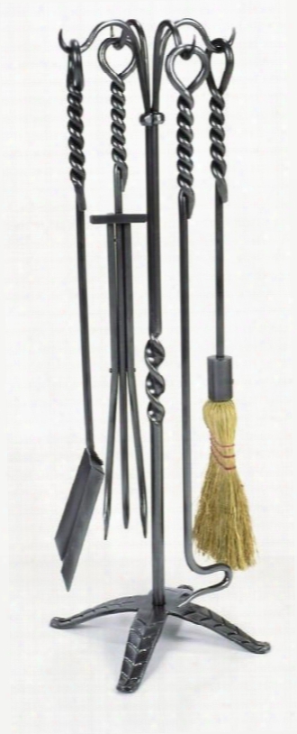 Wr-02 5 Pc 32"h Rope Fireplace Tool Set With Nifty Stand Poker Shovel Pair Of Tongs And Broom In Graphite