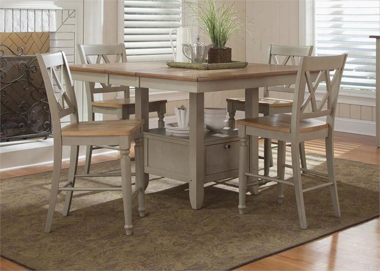 Al Fresco Collection 541-cd-o5gts 5-piece Dining Room Set With Gathering Table And 4 Double X Back Counter Chairs In Riftwood & Taupe