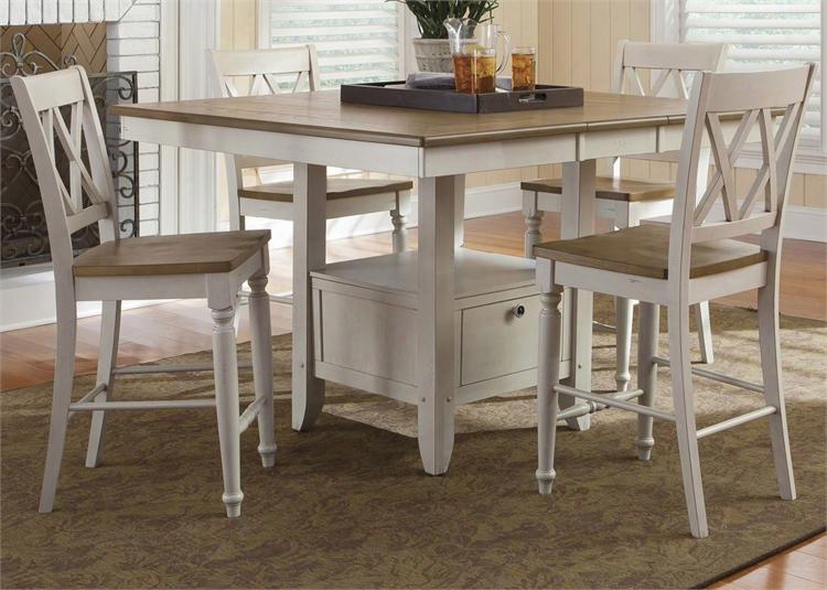 Al Fresco Iii Collection 841-cd-o5gts 5-piece Dining Room Set With Gathering Table And 4 Double X Back Counter Chairs In Driftwood & Sand
