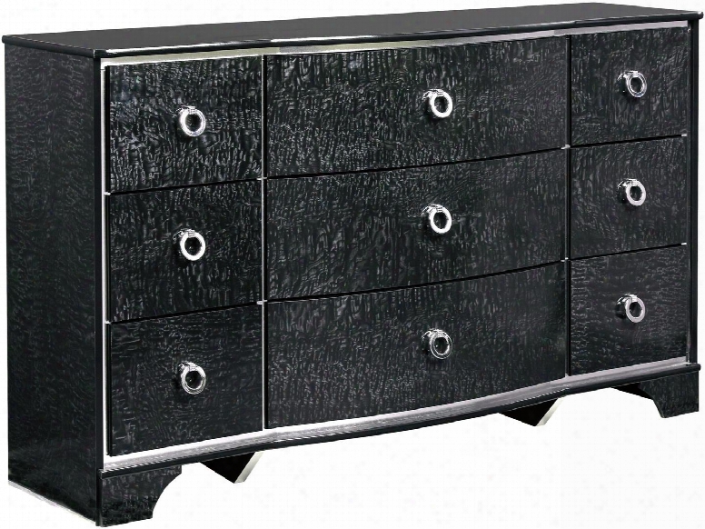 Amrothi Collection B257-31 62" Dresser With 9 Drawers Large Metal Ring Pulls Faux Crystal Adornment  Silver Trim Accent And Shaped Bracket Feet In