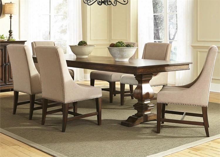 Armand Collection 242-dr-7trs 7-piece Dining Room Set With Trestle Dining Table And 6 Upholstered Side Chairs In Antique Brownstone