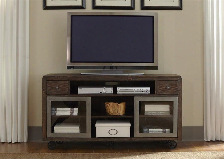 Avignon Collection 197-tv60 60" Tv Console With Sliding Glass Doors Locking Casters And Adjustable Shelves In Rustic Brown