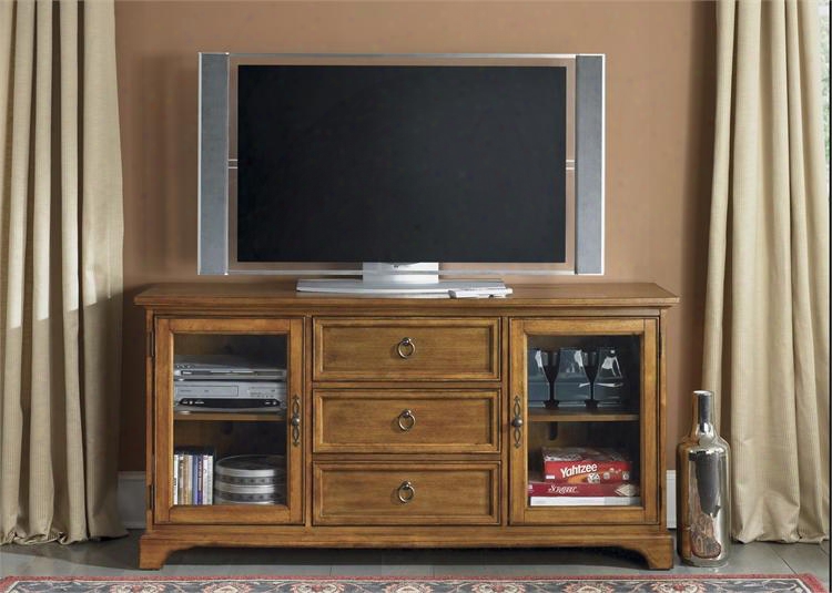 Beacon Collection 451-tv64 64" Tv Console With 2 Glass Doors 3 Drawers And Adjustable Shelves In Oak