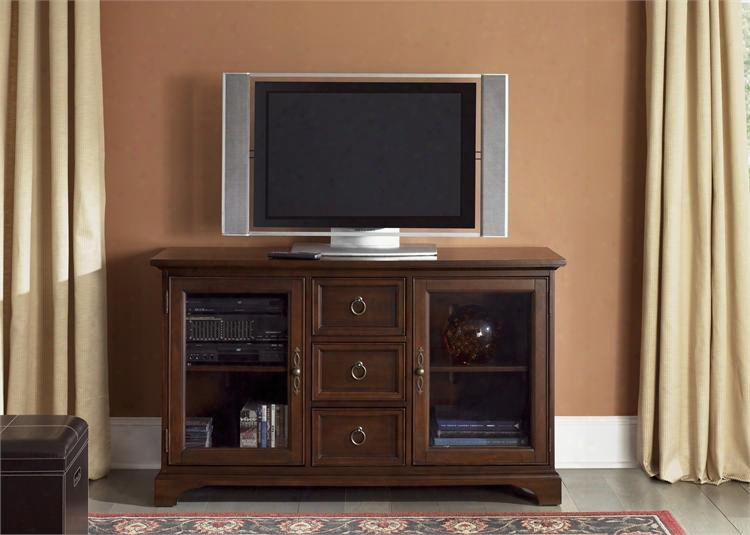 Beacon Collection 452-tv54 54" Tv Console With 2 Glass Doors 3 Drawers And Adjustable Sheles In Cherry
