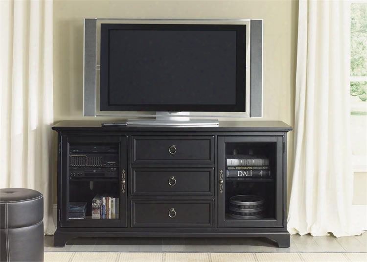 Beacon Collection 453-tv64 64" Tv Console With 2 Glass Doors 3 Drawers And Adjustable Shelves In Black