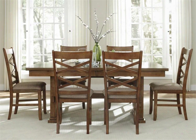 Bistro Collection 64-cd-7trs 7-piece Dining Room Set With Trestle Table And 6 Side Chairs In Honey