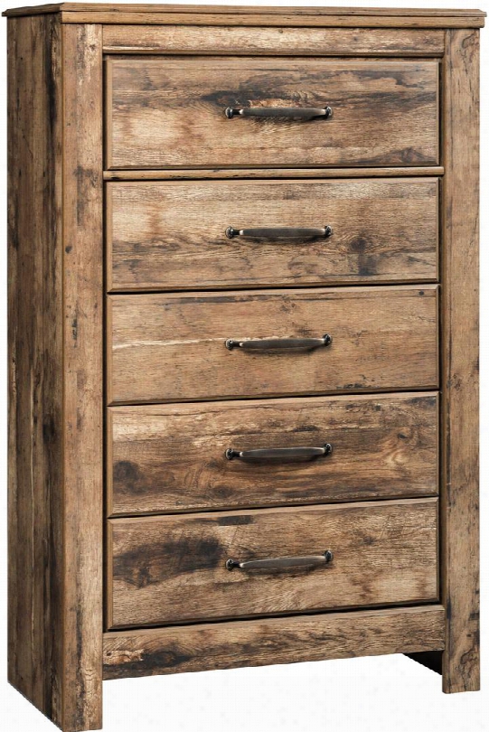 Blaneville Collection B224-46 34" Chest With 5 Drawers Side Roller Glides Antique Brass Color Handles And Replicated Oak Grain Finish In