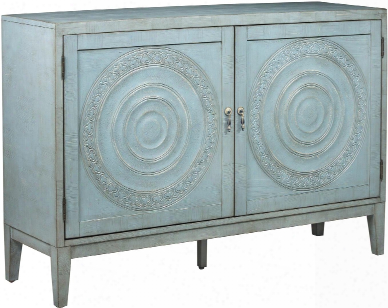 Briane P020242 Antique Embossed Door Console With Two Doors Two Adjustable Wood Shelf And Intricate Door Embossing In