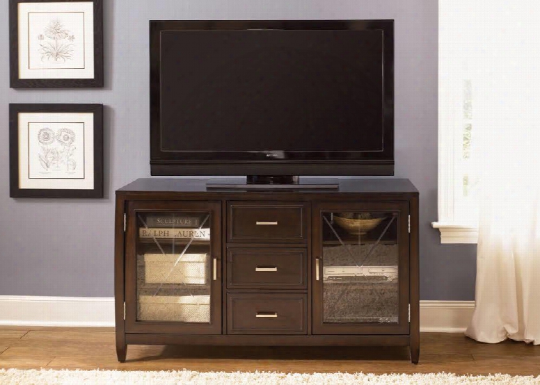 Caroline Collection 318-tv00 60" Tv Stand With Etched Glass Doors Three Rawers And Satin Nickel Hardware In Espresso Stain