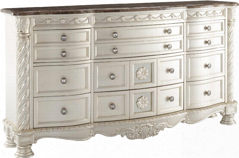 Cassimore Collection B750-31 74" Dresser With 9 Drawers Felt-lined Top Drawers Faux Rystal Pull Knobs Decorative Carved Details And Natural Marble Table