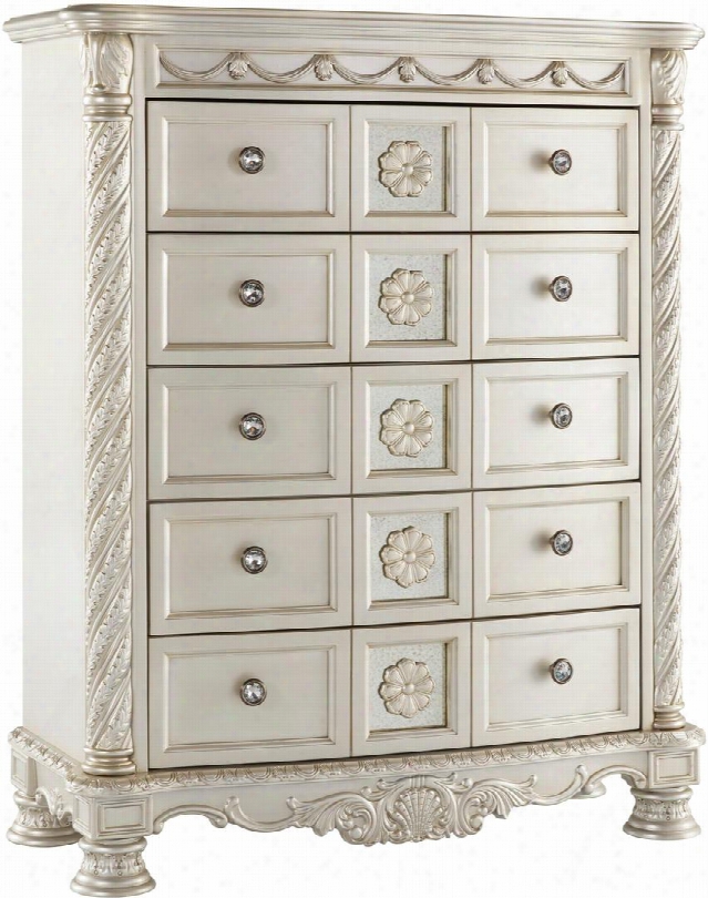 Cassimore Collection B750-46 45" Chest With 5 Drawers Felt-lined Top Drawer Faux Crystal Pull Knobs Decorative Carved Details And Mirrored Drawer Front