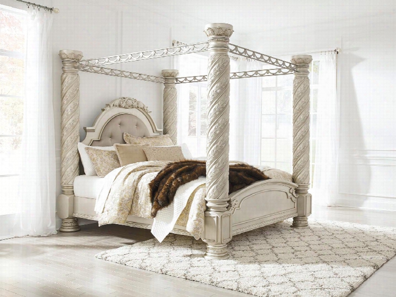 Cassimore Collection B750-72-50-51-62-95 California Kinng Size Canopy Bed With Upholstered Headboard Faux Crystal Button Tufting Decorative Carved  Details