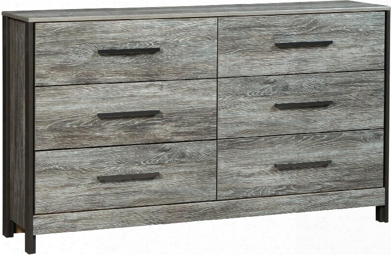 Cazenfeld Collection B227-31 62" Dresser With 6 Drawers Sleek Long Metal Bar Pulls Contrasting Side Posts Recessed Side Panels And Replicated Oak Grain